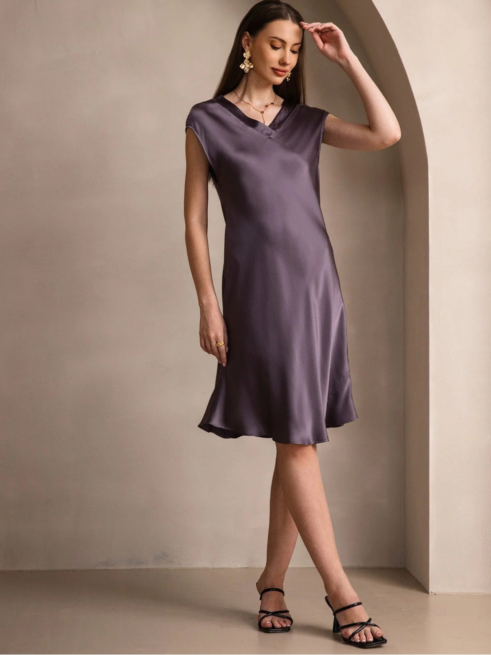Silksilky Pure Mulberry Silk Cap Sleeve V-Neck Knee Nightgown Purple Gray L